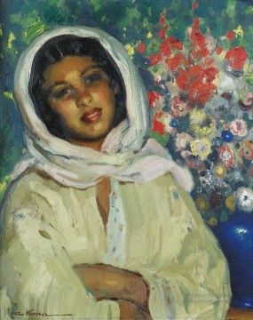 150の主題の芸術作品 Painting - 花束を持つ若い女性 ホセ・クルス・エレーラ ジャンル アラベール
